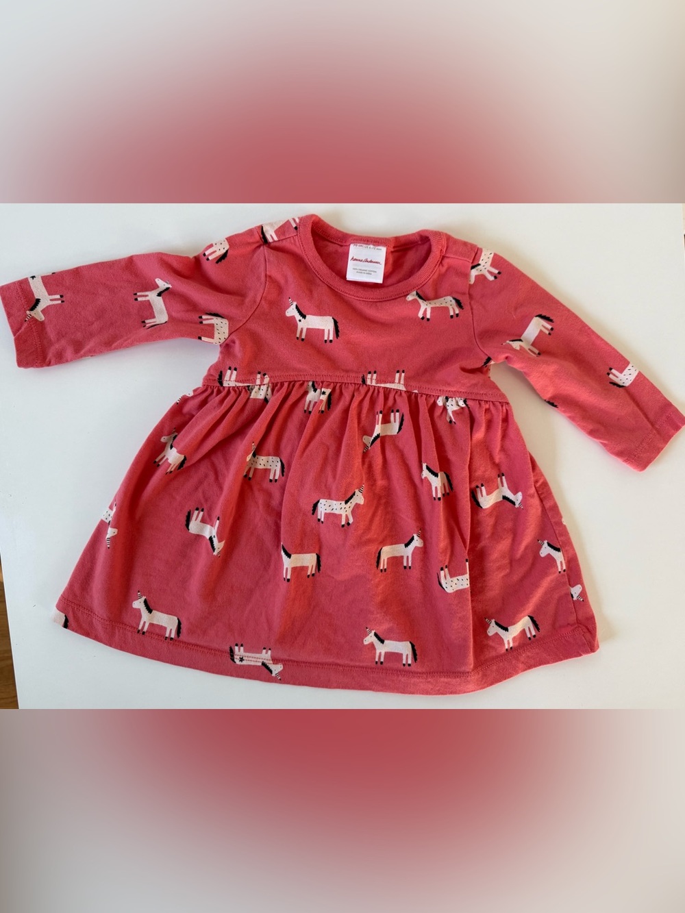 Hanna Andersson Coral Pink Horse Print Long Sleeve Dress, 6-12 months